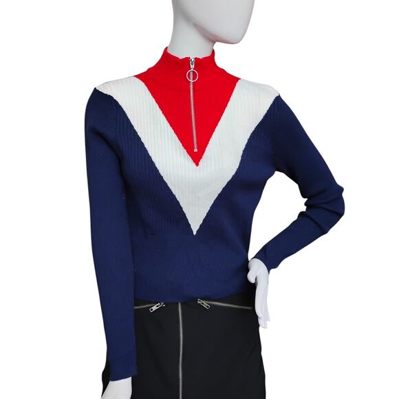 Trillium Ribbed Colorblock Top Size Large Blue, White and Red Zip Up Long Sleeve - Picture 1 of 7